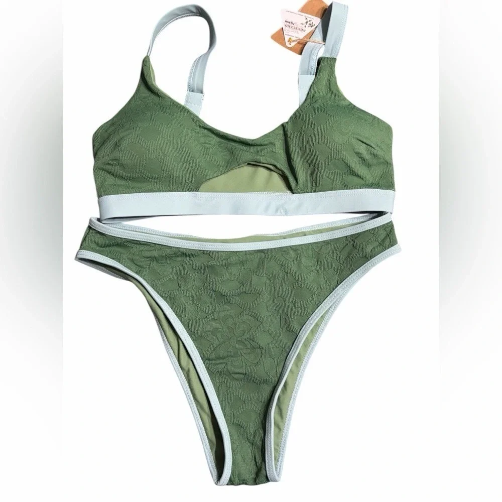 Berlook Olive Green Contrast-Trim Bikini Set